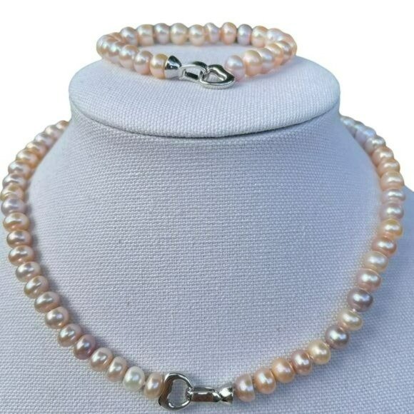 Multicolor Cultured Freshwater Pearl Necklace Bracelet Set Heart Shaped‎ Clasp - Picture 10 of 10